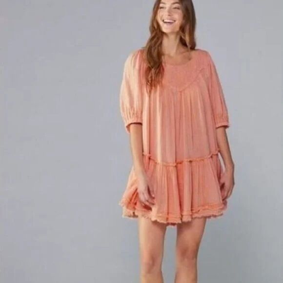 Free People 'Mystery Land' Tunic Mini Dress - size Medium in Peach - Picture 2 of 15